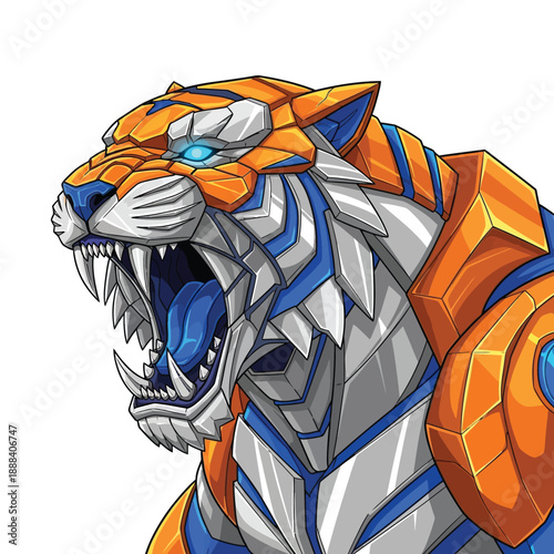 Robotic Tiger Head with Open Mouth and Glowing Eyes.