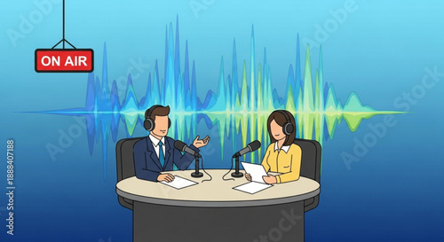 Radio hosts in studio with on air sign and sound waves background
