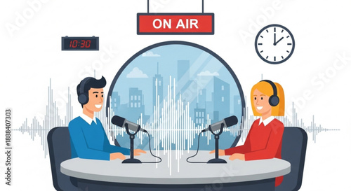 Radio hosts broadcasting live in studio with on air sign and city