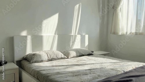 Sunlight Streaming into a Modern Bedroom with a White Headboard and Pillows.