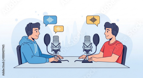 Two men podcasting with microphones and speech bubbles on table