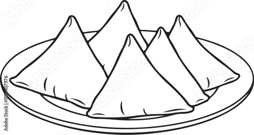 Plate of Samosas (Snack) Hand-drawn Sketch Drawing Vector Illustration, Line Linear Symbol Engraving Coloring Book, Black and White Isolated