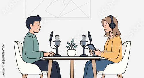 Man and woman podcasting with microphones and laptop at wooden desk