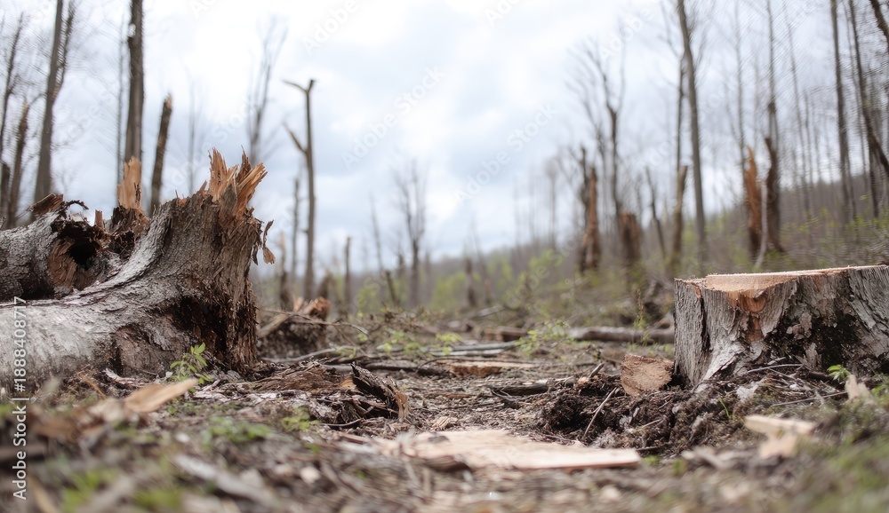 Fototapeta premium Forest ravaged by storm; fallen trees, stumps
