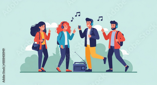 Four friends dancing with music and smartphones outdoors happily