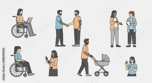 Diverse people interacting in various scenarios with disabilities