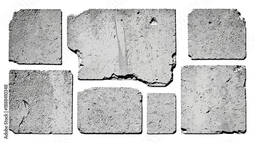 Set of seven concrete pieces with cracks and damaged texture background vector illustration.