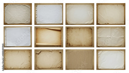 Collection of blank vintage paper background texture isolated on transparent vector illustration.