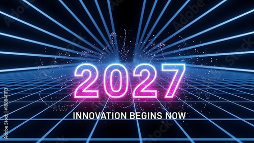 Futuristic display of the year 2027 with glowing neon lines and a digital grid background