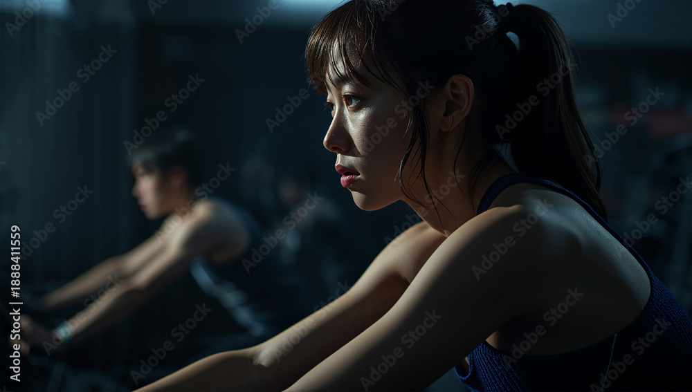 Fototapeta premium ローキーの横光で日本人の男女が本気でこぐ室内バイクの臨場感を表現