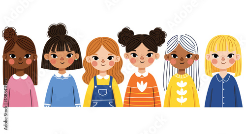 Diverse group of six young girls with different skin tones and hairstyles