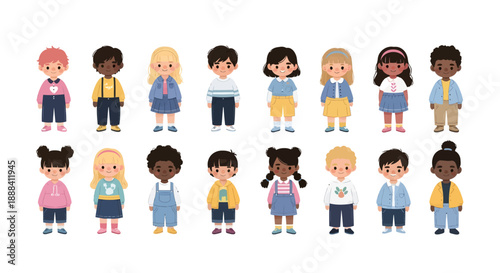 Diverse group of cartoon children standing in two rows