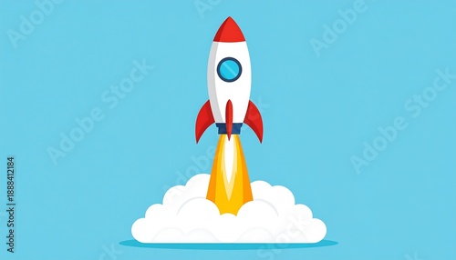 A cartoon rocket ship blasting off into a clear blue sky