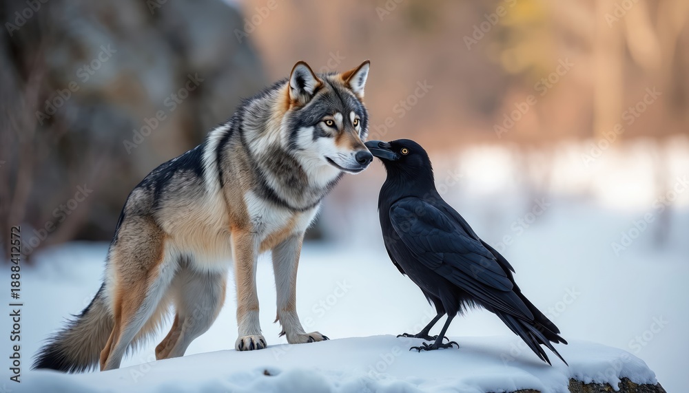 Fototapeta premium Wolf and raven stand close on snowy ground near bare trees. Wild animals show gentle interaction in cold winter forest habitat. A unique friendship between predator and scavenger in nature.