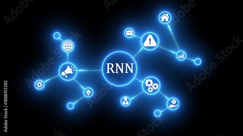 Glowing Blue Digital Network with R N Central Node Connected to Various Representing Technology and Data