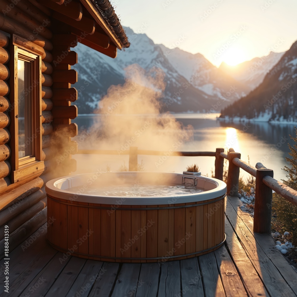 Fototapeta premium Steaming outdoor hot tub on wooden terrace with snowy mountain lake backdrop. Log cabin home offers warm water relaxation. Sunrise over water with majestic peaks.