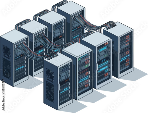 Isometric data center server room with racks and cables vector