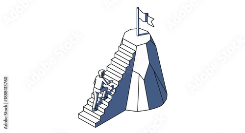 Isometric man climbing stairs on mountain to reach flag vector