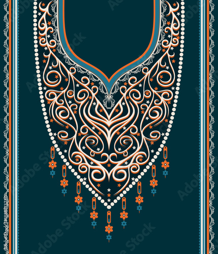 Luxury ethnic garment panel vector with ornamental neckline and side borders in teal, orange and ivory tones. Ideal for fabric printing, dress panels, kaftan, kurta and fashion manufacturing.