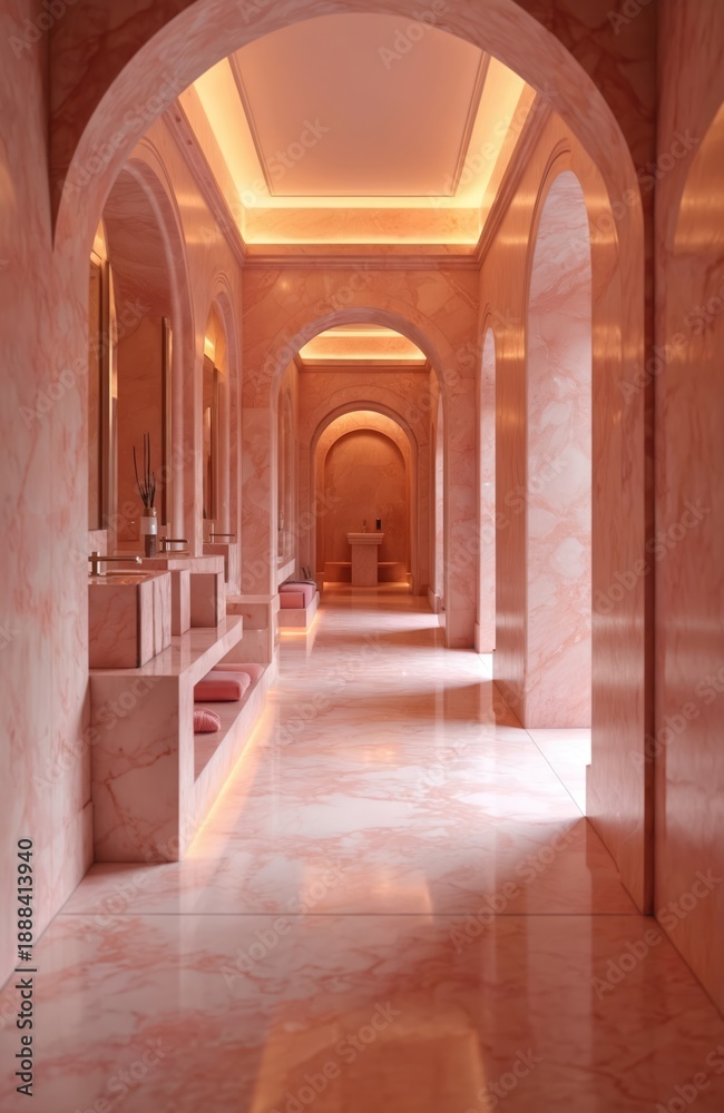 Fototapeta premium Serene pink marble hallway with arches leads to spa relaxation area. Minimalist design features soft lighting, modern sinks, comfortable seating. Clean, bright ambiance promotes wellness,
