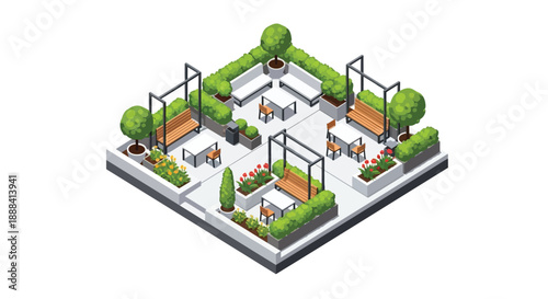 Isometric rooftop garden terrace with seating area and plants vector