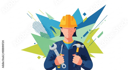 Mechanic with tools in hand standing confidently in front colorful