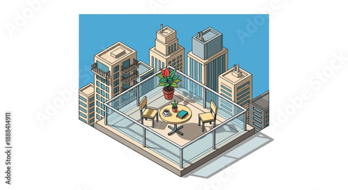 Isometric city apartment balcony with table and chairs vector