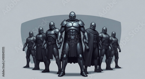 Group of robotic superheroes standing united in armor