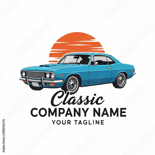 Vintage Blue Muscle Car with Sunset Backdrop for Classic Company Logo.