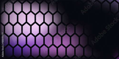 Dark hexagon abstract technology background with purple colored bright flashes under hexagon. Hexagonal gaming vector abstract tech background.