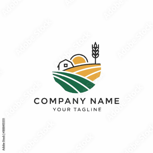Farmhouse and wheat field logo design with sun and hills.