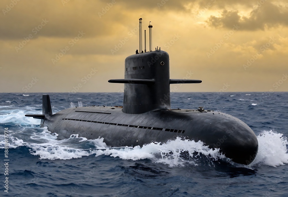 Fototapeta premium Sleek modern military submarine navigating rough ocean waters, showcasing advanced naval technology, stealth design, maritime defense power, and strategic underwater warfare capabilities under.