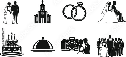 Black and white wedding icon set with bride groom rings cake church and photography symbols for marriage celebration invitation designs
