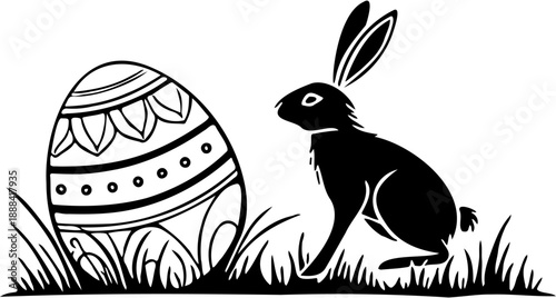 Easter Bunny and Decorative Egg Silhouette Line Art Illustration