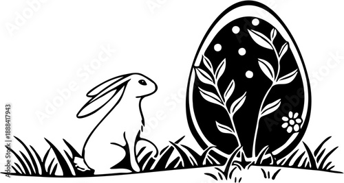 Easter Bunny and Decorative Egg Silhouette Line Art Illustration