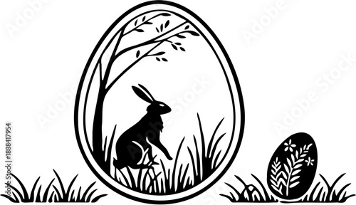 Easter Bunny and Decorative Egg Silhouette Line Art Illustration