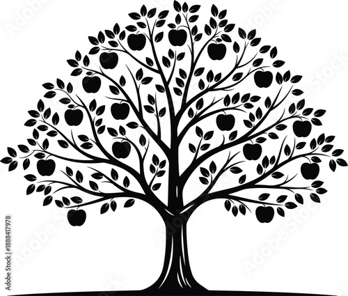Black silhouette vector illustration of an apple tree with fruits and leaves, isolated on white background for graphic design art.