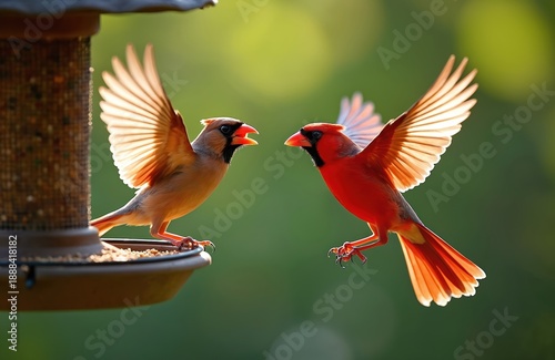 Pair of cardinals, male and female, interact at bird feeder in soft morning light. One bird perches on feeder edge, another bird flies near, wings spread wide. Backlit feathers glow orange and red.