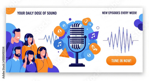 Podcast banner with microphone and listeners