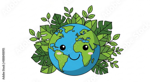 Smiling earth globe surrounded by green leaves ecology concept