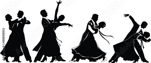 Silhouette, of, elegant, ballroom, dancing, couples, in, professional, formal, attire, performing, graceful, poses, for, competition, events, and, luxury, dance, studio.