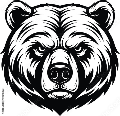 Stylized bear head silhouette vector illustration, black and white grizzly animal face icon, wild nature predator mascot logo design.