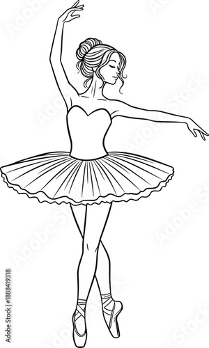 Beautiful ballerina dancing in a tutu hand drawn line art vector illustration for kids coloring page isolated on white background.