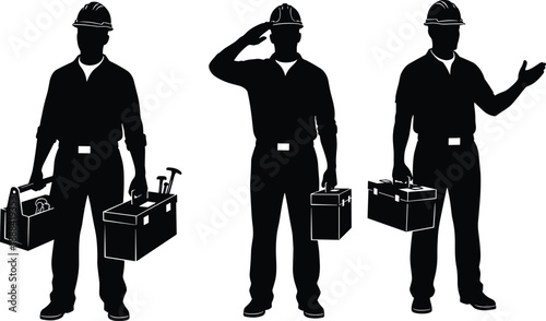 Black silhouette of three construction workers wearing hard hats, carrying toolboxes, saluting, and gesturing on a clean white background.