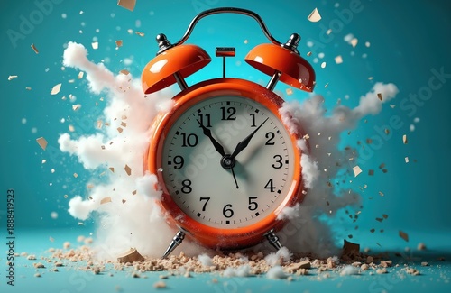 Orange vintage alarm clock shatters with white smoke, debris against bright blue background. Time flies deadline approaches with explosive energy. Clock face shows time nearly 11. Red alarm clock