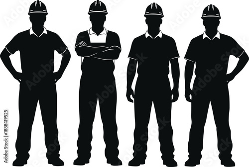 Black silhouettes of four professional construction workers wearing hard hats and standing together as a team for industrial building site projects.
