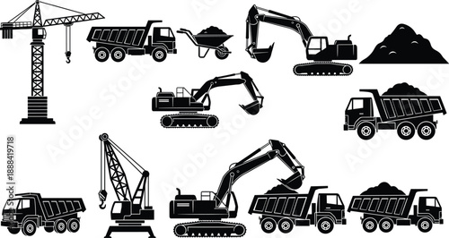 Heavy construction machinery silhouettes set with excavators, dump trucks, cranes, and wheelbarrows isolated on white background for industrial vector design.