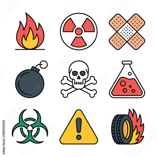 Set of nine colorful hazard and warning icons including fire, radiation, biohazard, and toxic symbols.