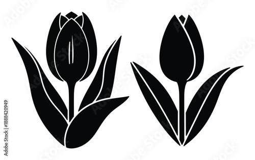 Silhouette illustrations of two tulip flowers with leaves in black and white.