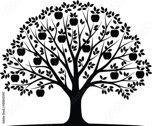 Black and white silhouette vector of an apple tree with many fruits and leaves, isolated on white background for design.